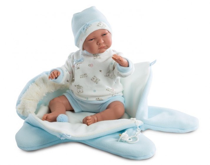 Hiszpańska lalka bobas chłopiec Lalo w niebieskim kombinezonie - płacze 42cm Hiszpańska lalka bobas chłopiec Lalo w niebieskim kombinezonie - płacze 42cm