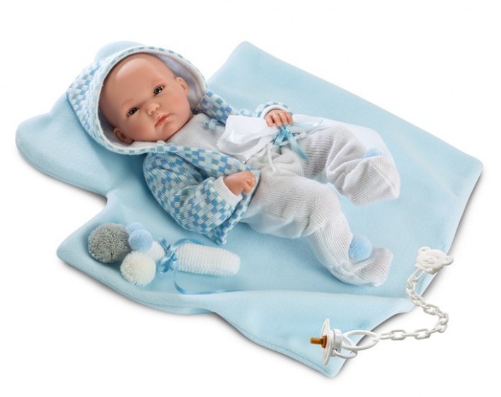 Hiszpańska lalka bobas chłopiec Pipo w bluzie z kapturem 35cm Hiszpańska lalka bobas chłopiec Pipo w bluzie z kapturem 35cm