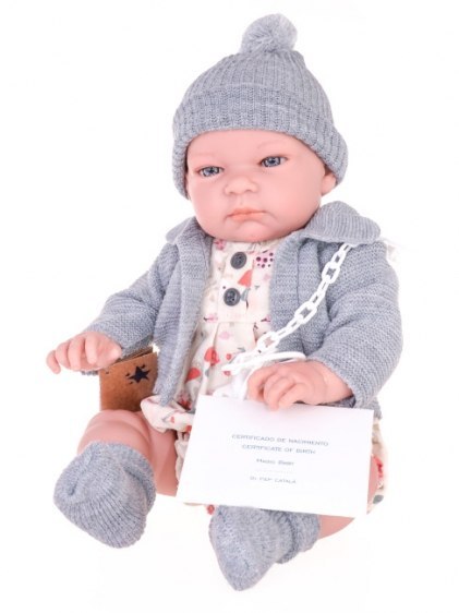 Hiszpańska lalka bobas chłopiec John w szarym sweterku - 45cm Hiszpańska lalka bobas chłopiec John w szarym sweterku - 45cm