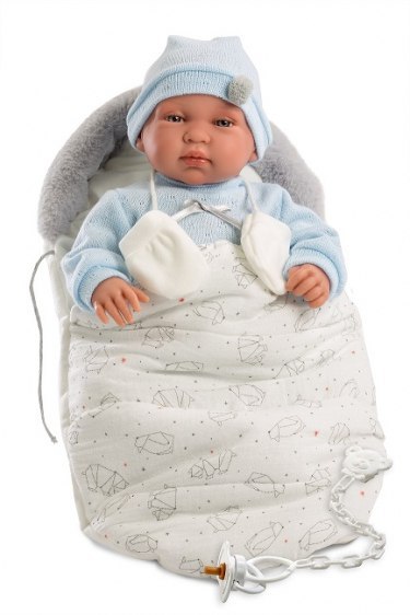 Hiszpańska lalka bobas chłopiec Bebo w beciku - płacze 44cm Hiszpańska lalka bobas chłopiec Bebo w beciku - płacze 44cm