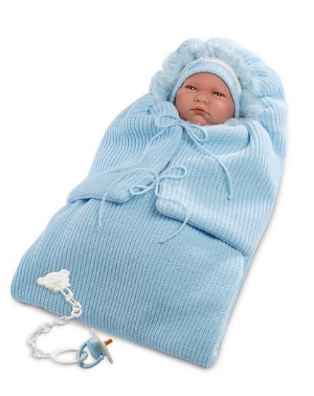 Hiszpańska lalka bobas chłopiec Lalo w niebieskim beciku - płacze 42cm Hiszpańska lalka bobas chłopiec Lalo w niebieskim beciku - płacze 42cm